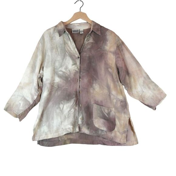 VTG Chico’s Design Linen Blouse Size 1 (M) Button Front Tie-Dye Boho Lagencore - Picture 2 of 11